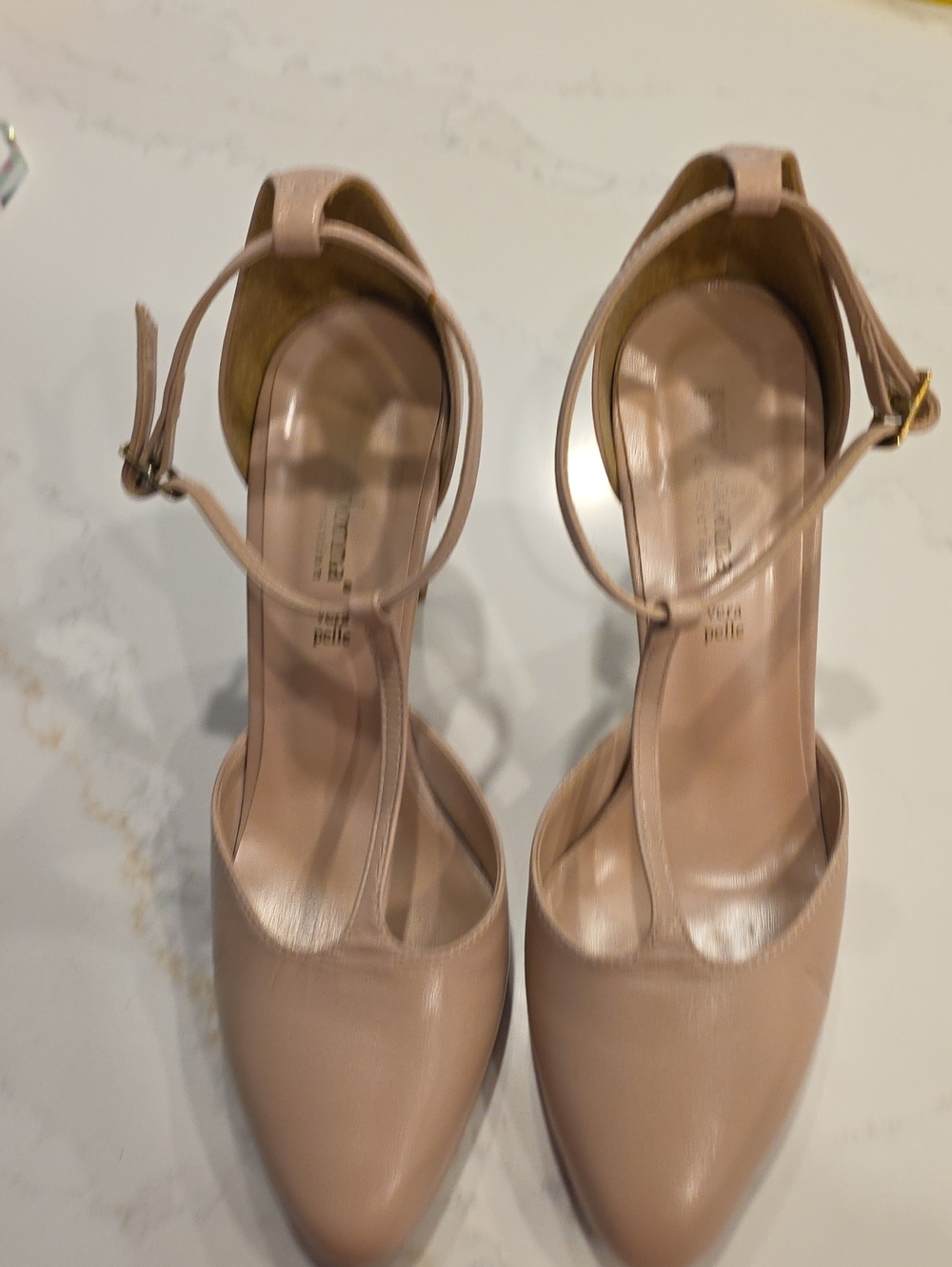 Blush Leather T-Strap Ankle Strap Pumps - Women,